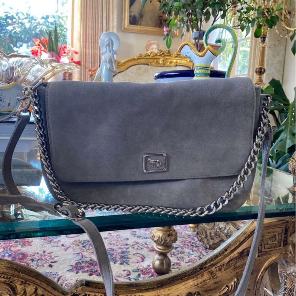 Emma Fox grey suede flap bag